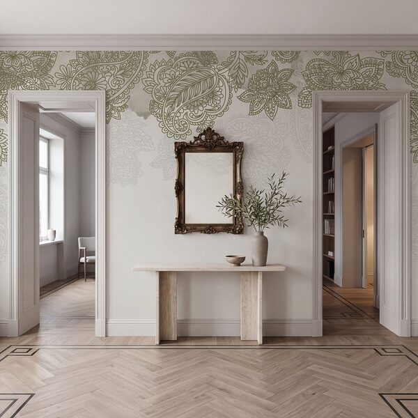 Sfondo bianco con un motivo di foglie e fiori Sfondo bianco con un motivo di foglie e fiori