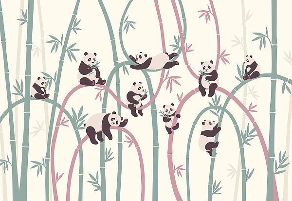 Group of pandas on bamboo branches