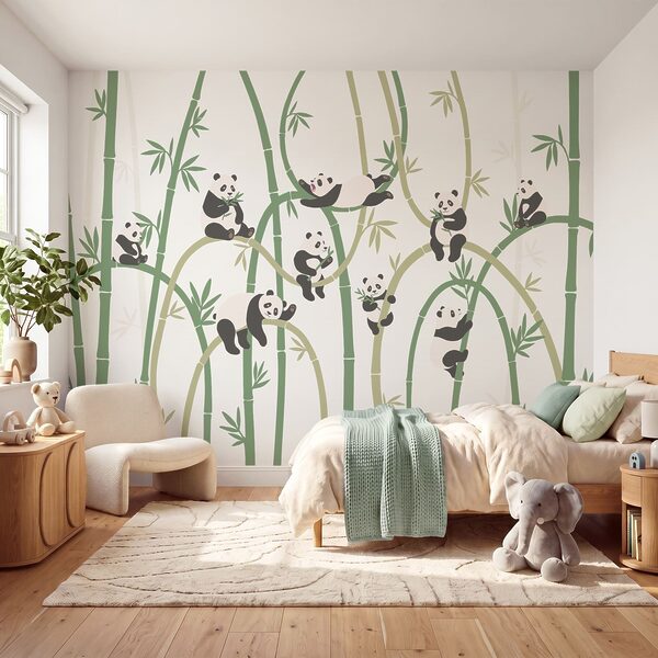 Gruppo di panda su un bambù