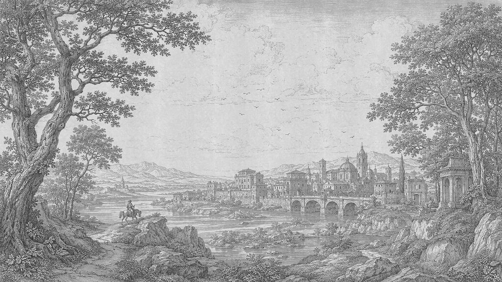 Drawing of a city with a bridge and a river