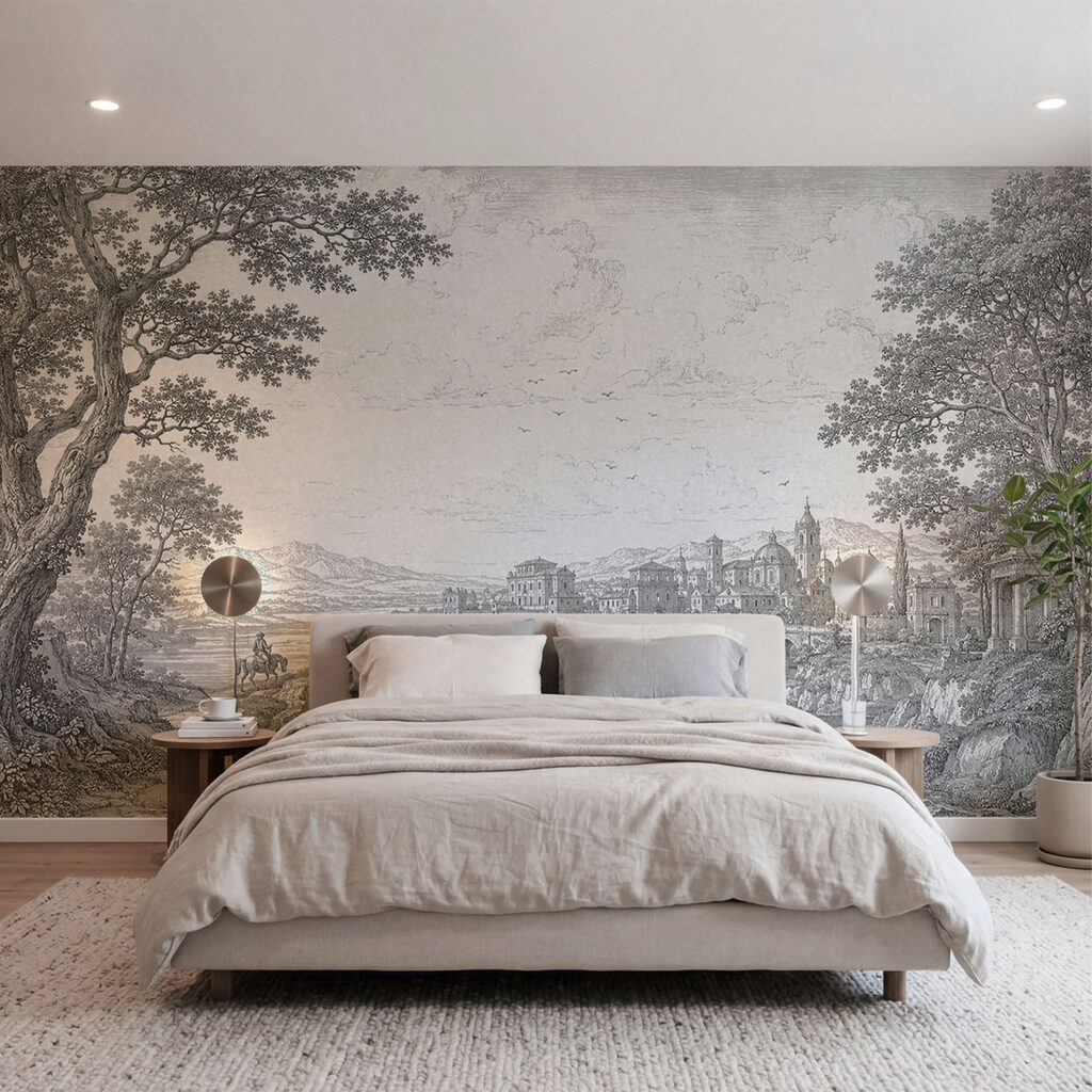 Disegno di una città con un ponte e un fiume