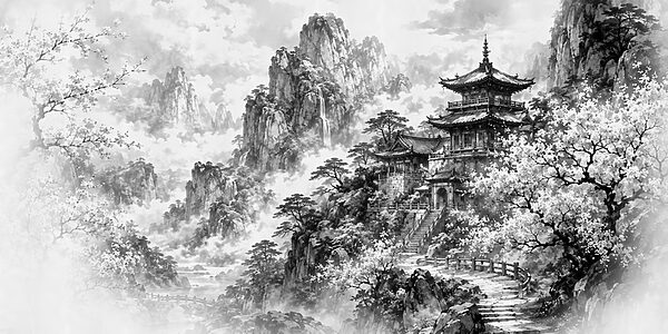 Painting of a building on a mountain