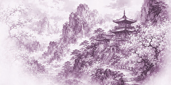 Painting of a building on a mountain Painting of a building on a mountain