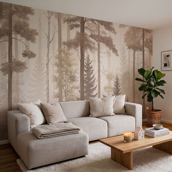 Foresta nebbiosa con alberi