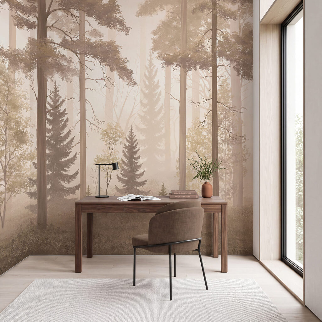 Foresta nebbiosa con alberi