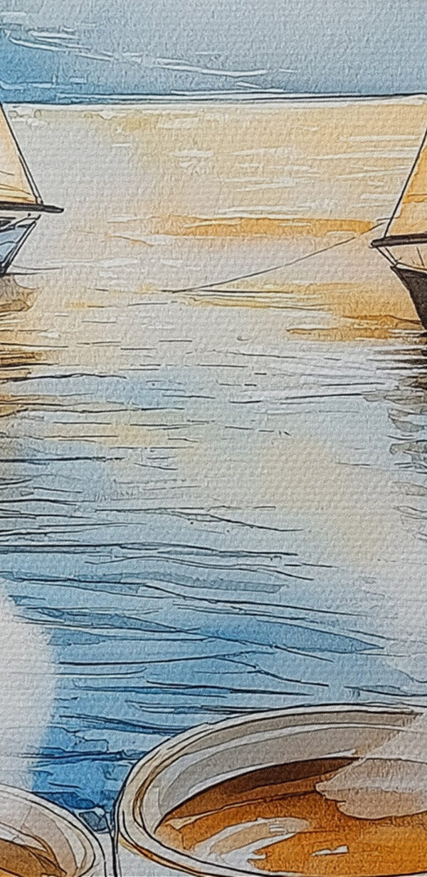Watercolor painting of a couple of cups of coffee and croissants on a table with boats in the background