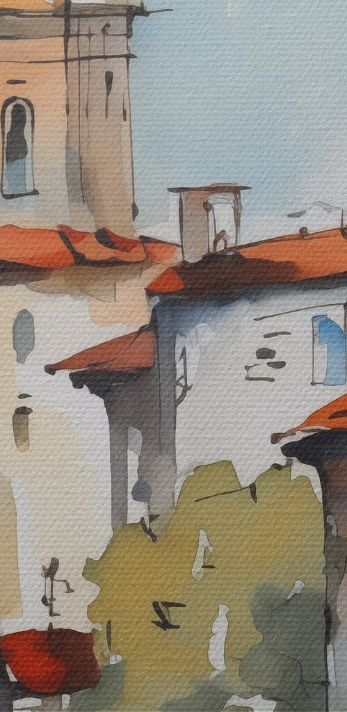 Watercolor of a church and a building Watercolor of a church and a building