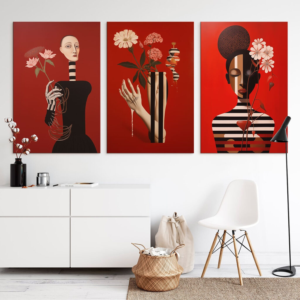 Group of paintings on red