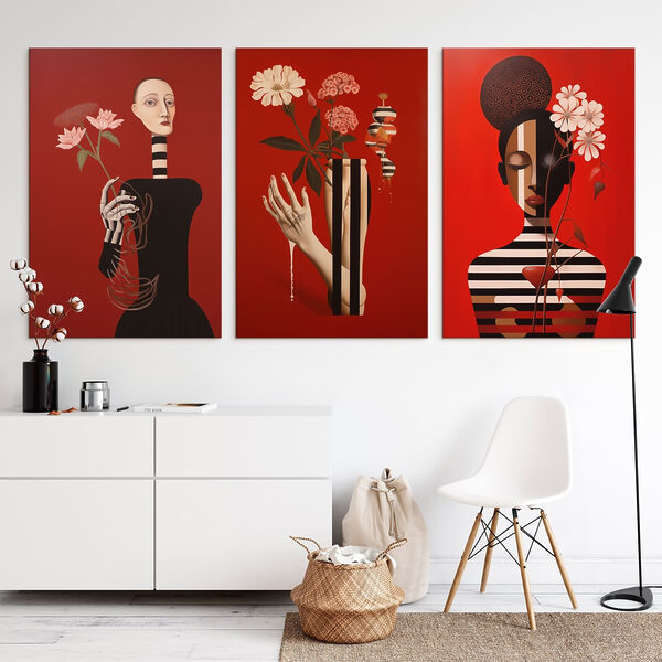 Group of paintings on red