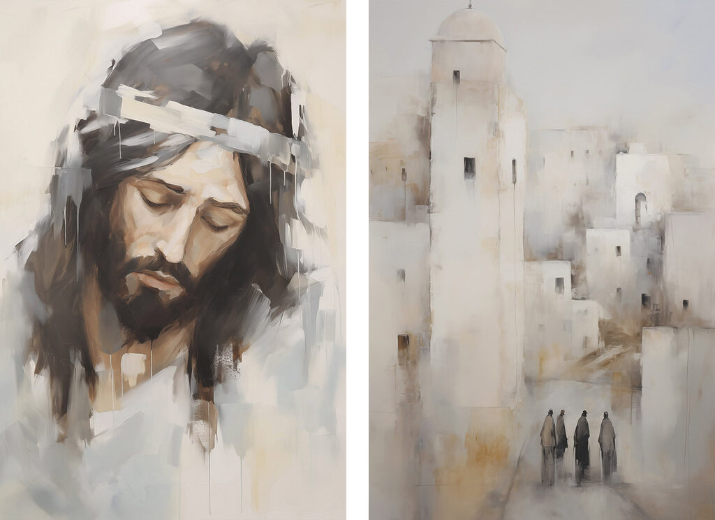 Painting of a man with a crown of hair and a city Painting of a man with a crown of hair and a city