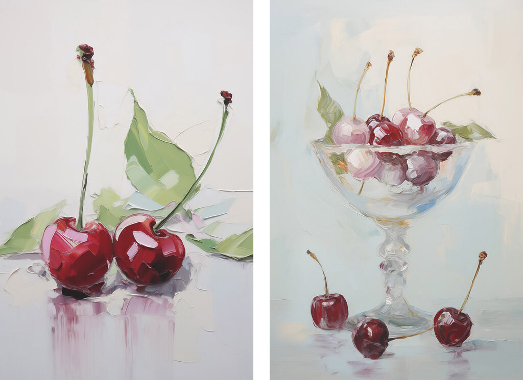 Painting of cherries in a glass