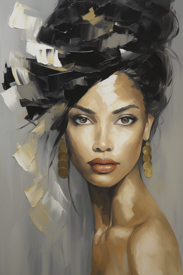 Painting of a woman with a large black and white hair