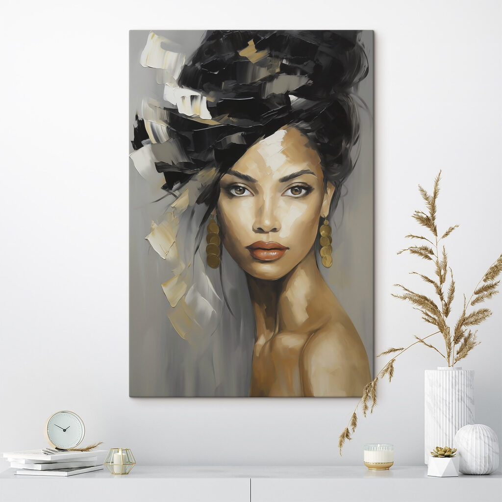 Painting of a woman with a large black and white hair