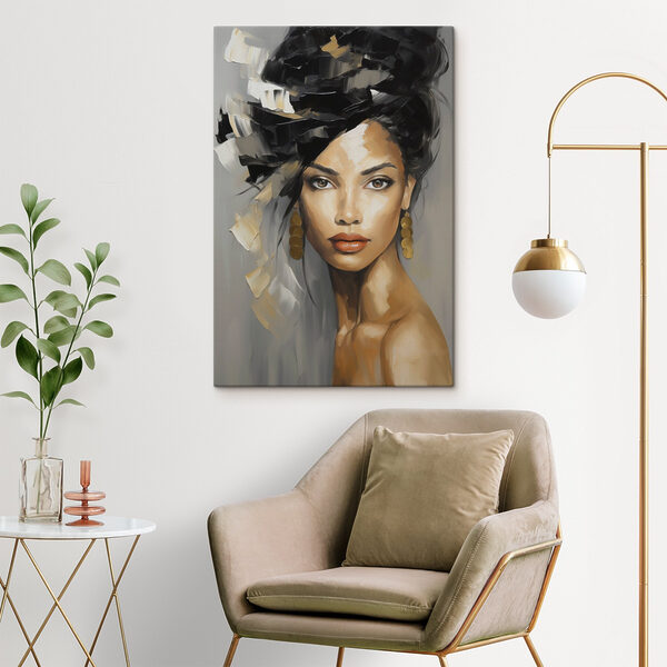 Painting of a woman with a large black and white hair