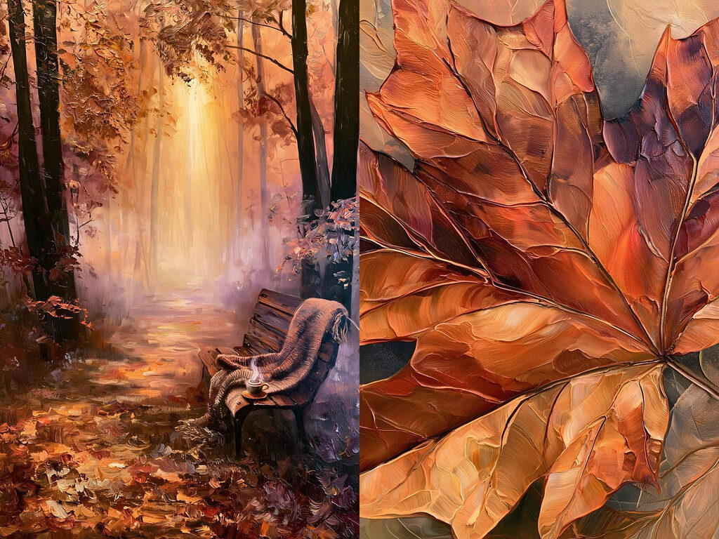 Painting of a bench and a leaf