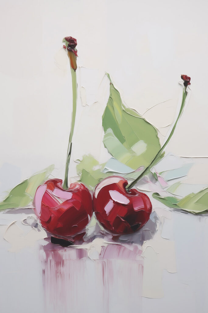 Painting of cherries with leaves