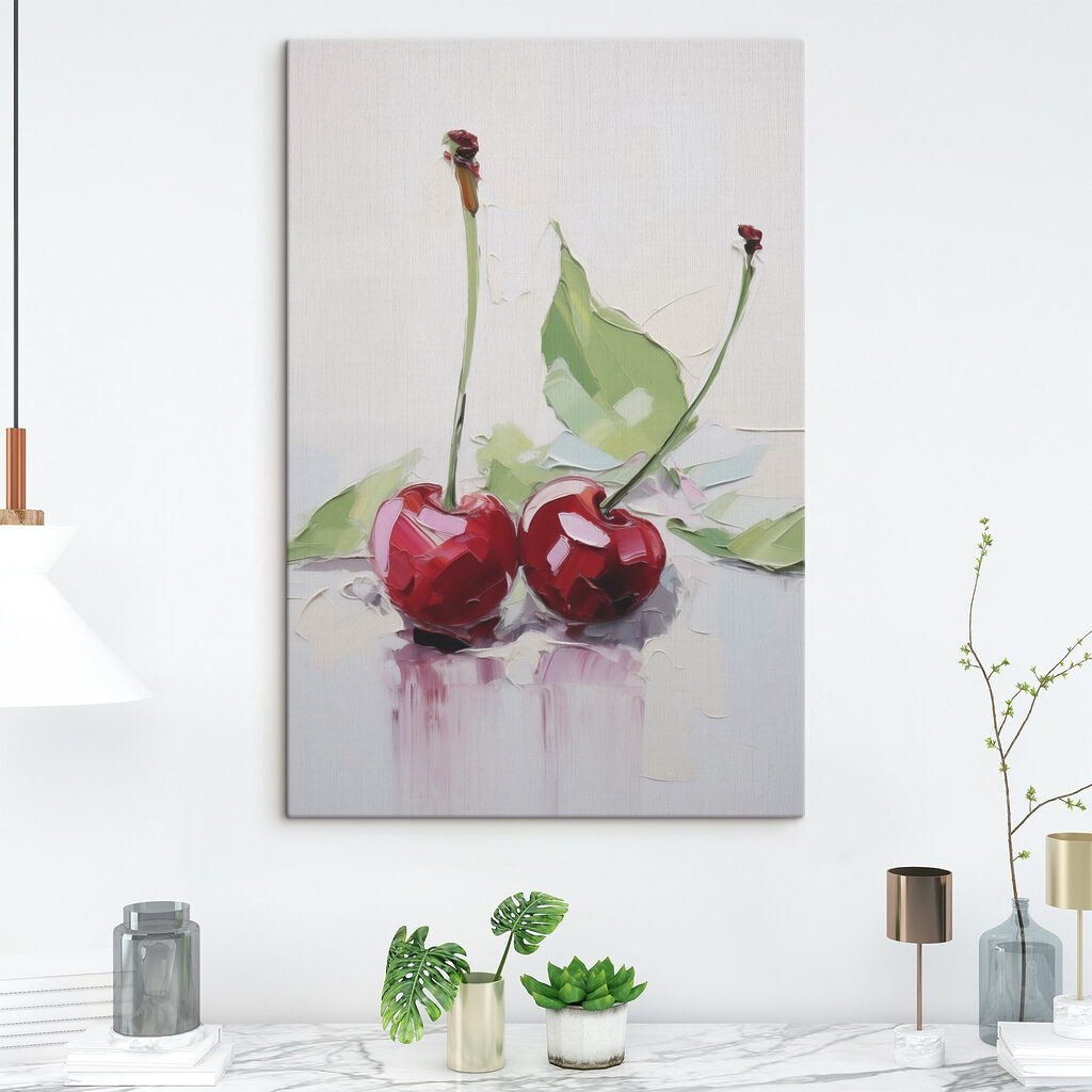 Painting of cherries with leaves