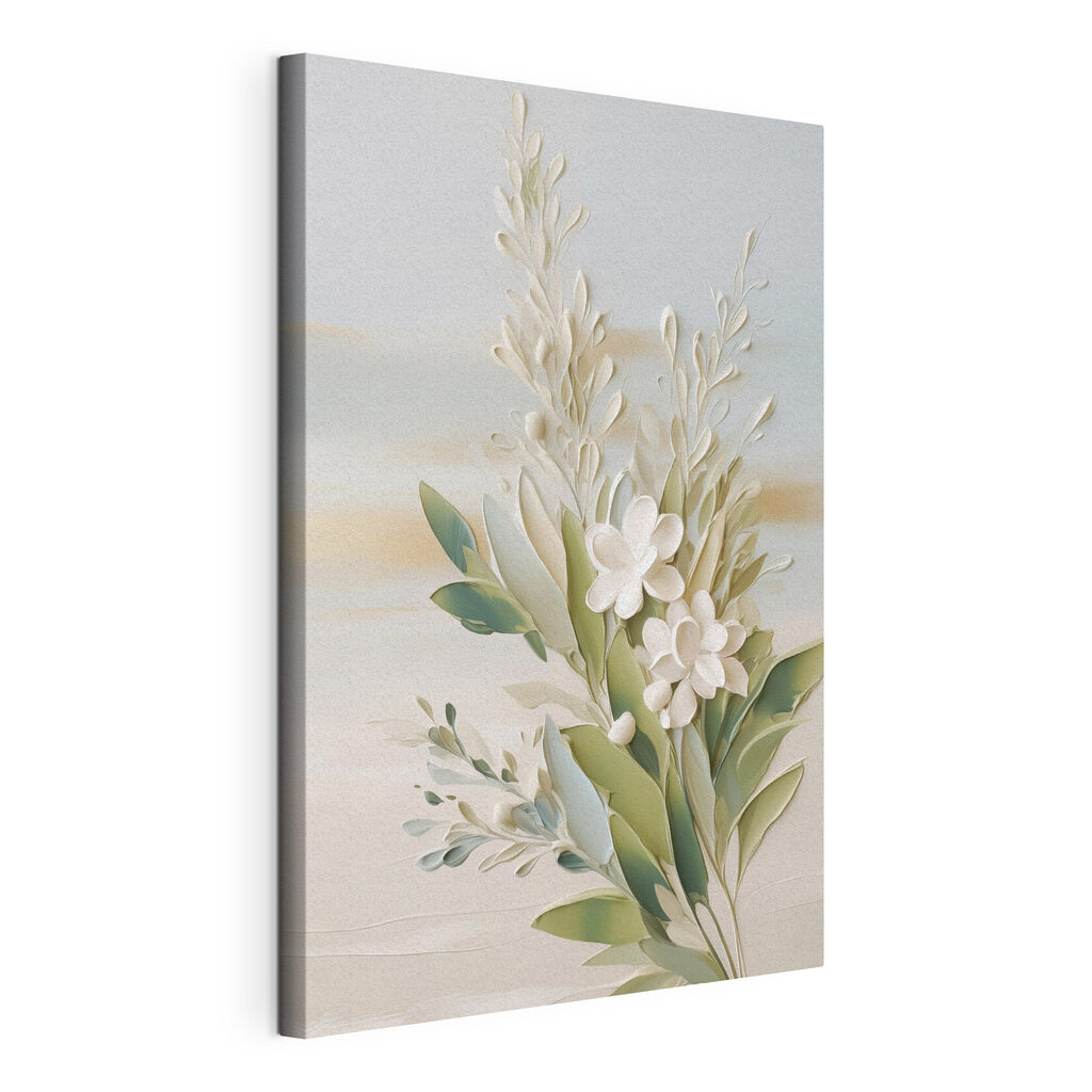 White flowers and leaves on a white surface White flowers and leaves on a white surface