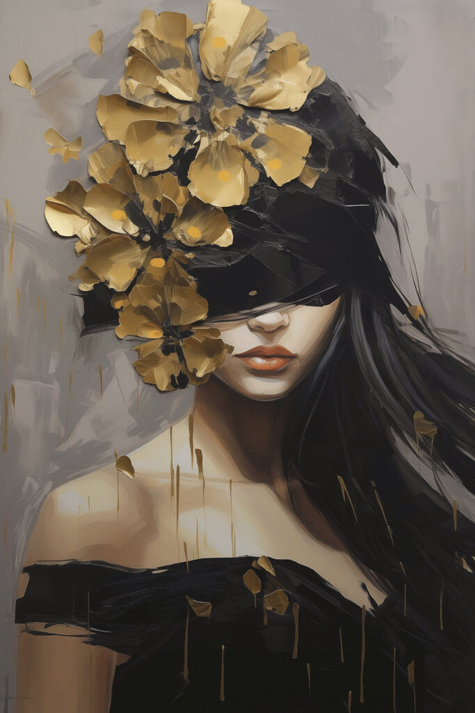 Painting of a woman with a blindfold and flowers on her head Painting of a woman with a blindfold and flowers on her head