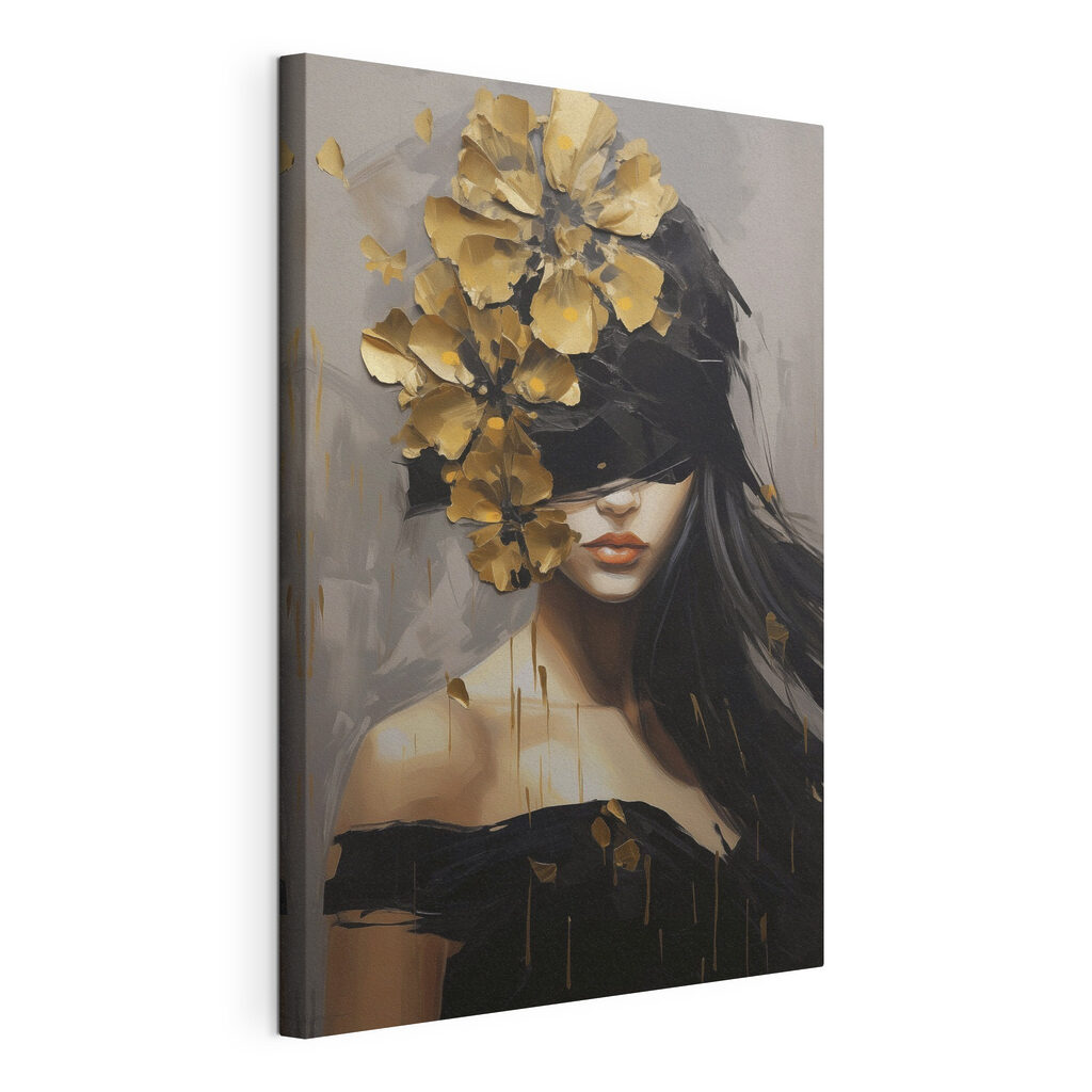 Painting of a woman with a blindfold and flowers on her head Painting of a woman with a blindfold and flowers on her head
