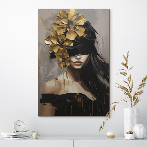 Painting of a woman with a blindfold and flowers on her head Painting of a woman with a blindfold and flowers on her head