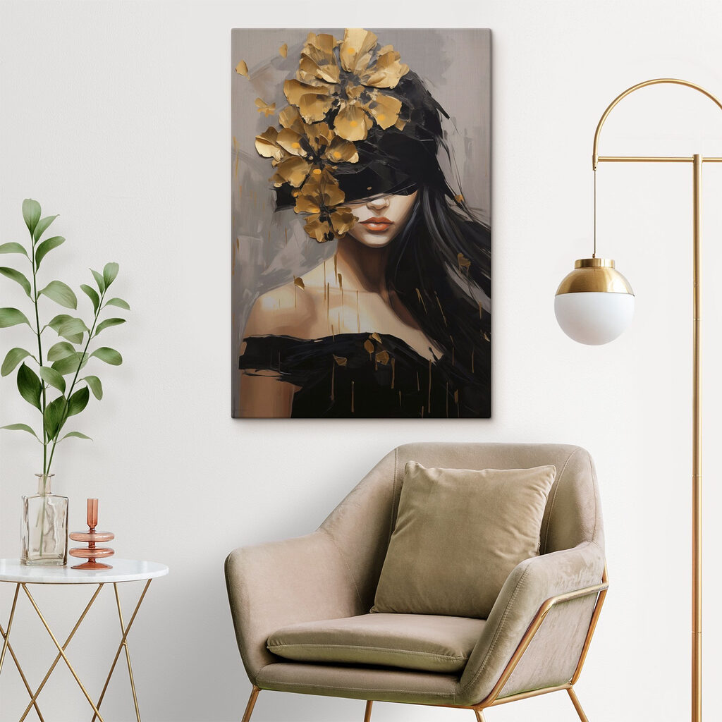 Painting of a woman with a blindfold and flowers on her head Painting of a woman with a blindfold and flowers on her head