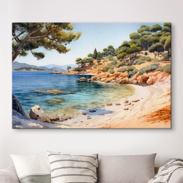 Watercolor painting of a beach with trees and rocks Watercolor painting of a beach with trees and rocks
