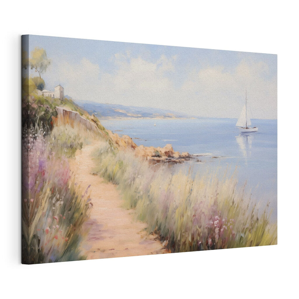 Path leading to a body of water with a sailboat Path leading to a body of water with a sailboat