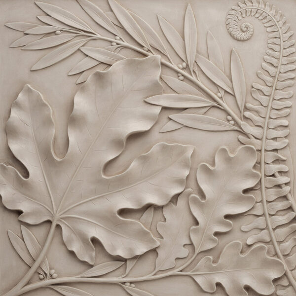 Stone carving of leaves and fern