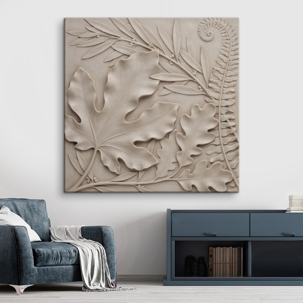 Stone carving of leaves and fern