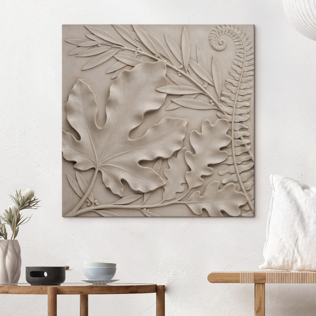 Stone carving of leaves and fern
