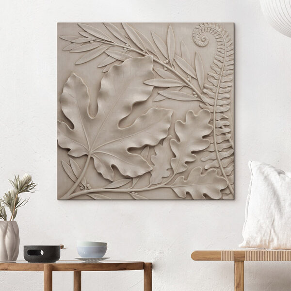 Stone carving of leaves and fern
