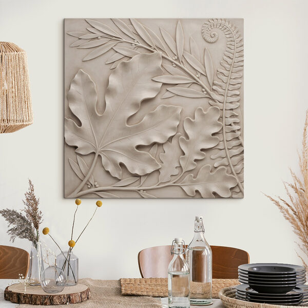 Stone carving of leaves and fern