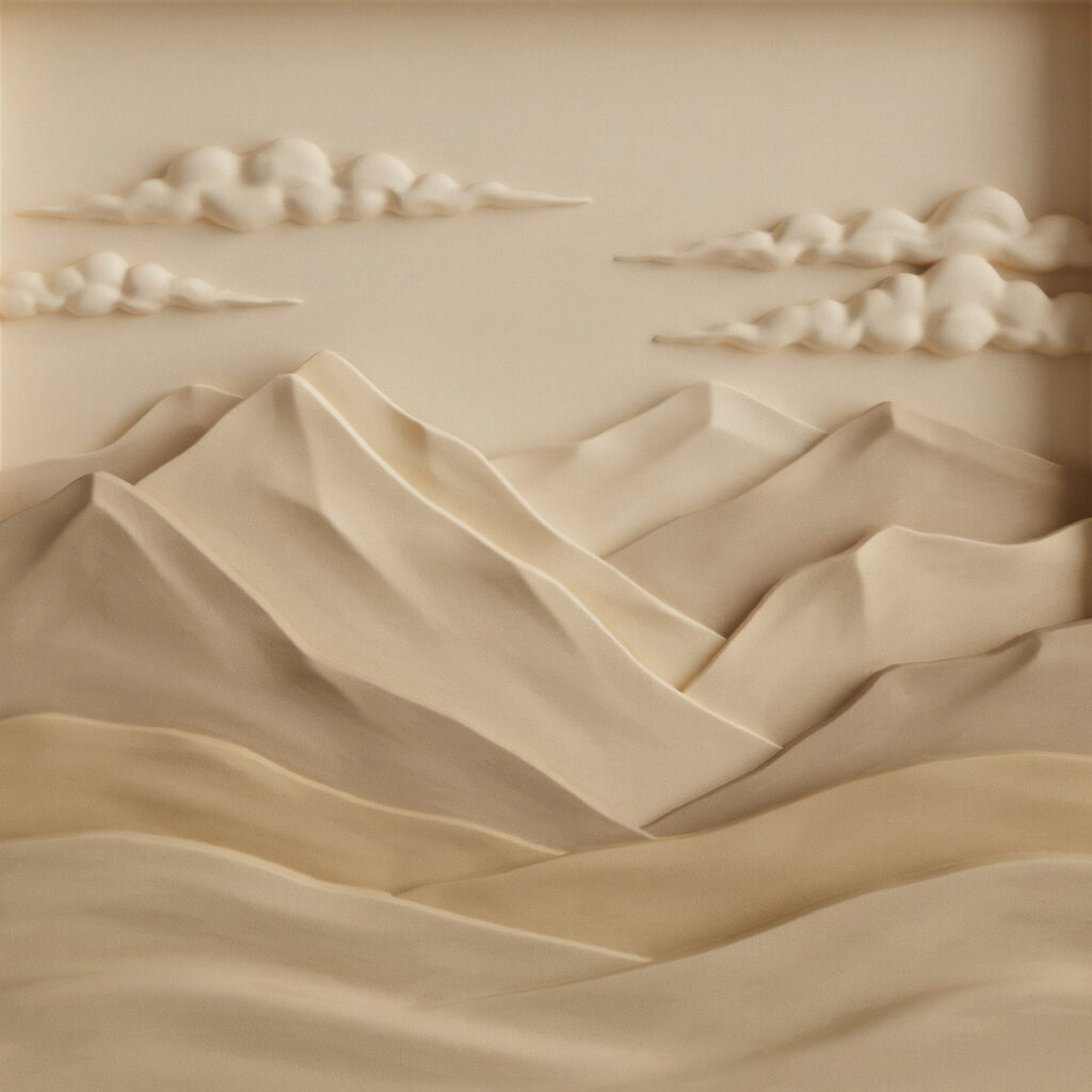 White and tan mountains with clouds and clouds