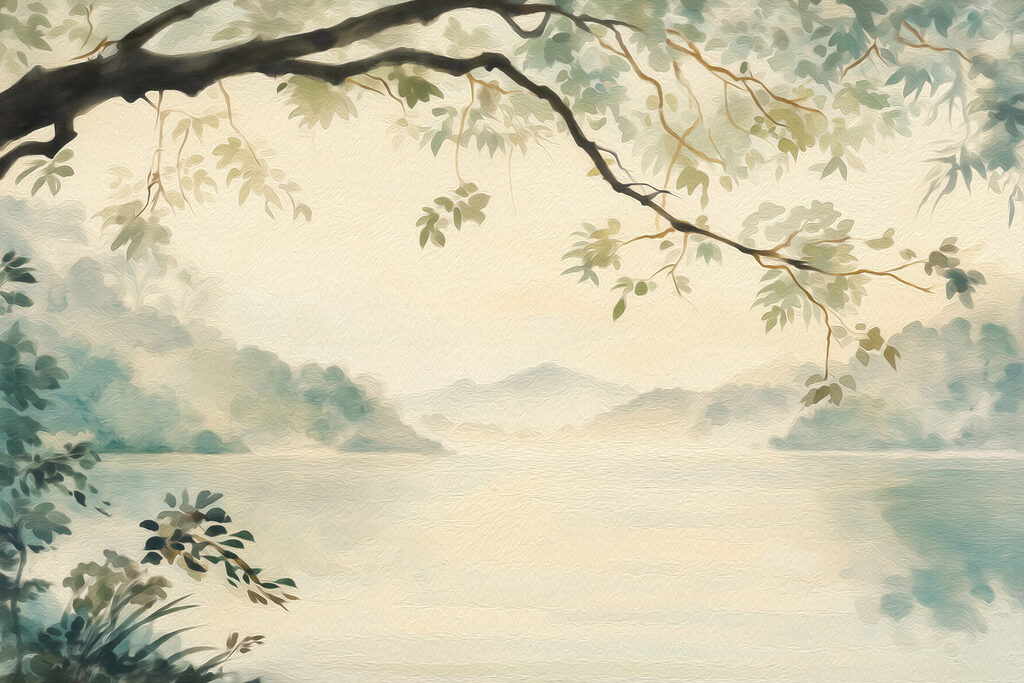 Watercolor painting of a lake and trees