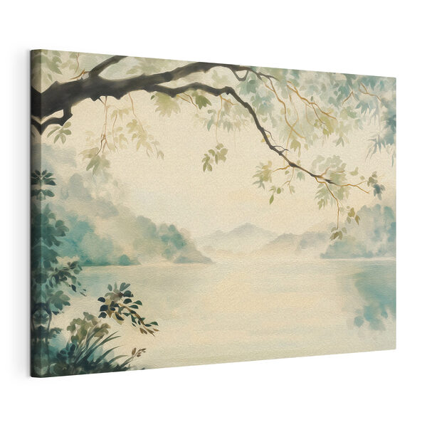 Watercolor painting of a lake and trees