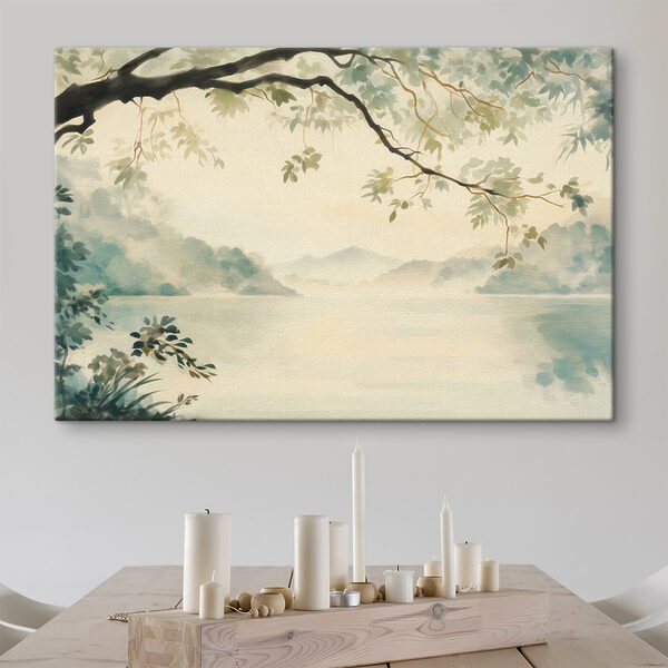 Watercolor painting of a lake and trees