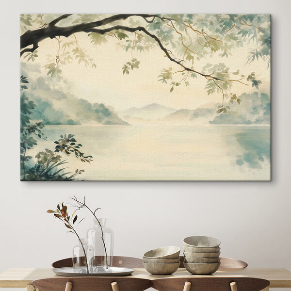 Watercolor painting of a lake and trees