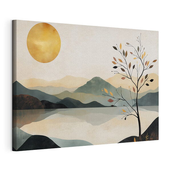 Tree and a lake with mountains and sun Tree and a lake with mountains and sun
