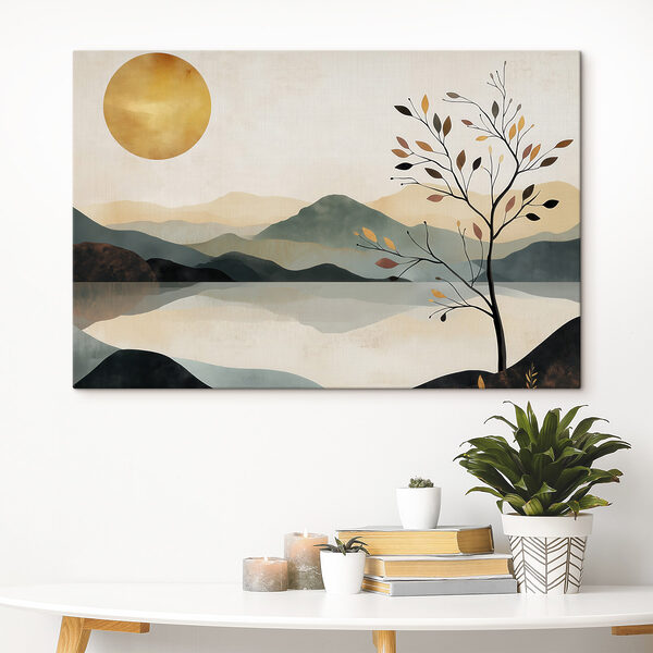 Tree and a lake with mountains and sun Tree and a lake with mountains and sun