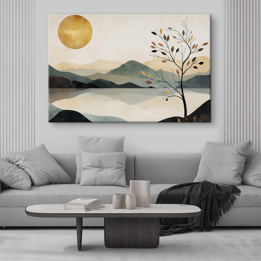 Tree and a lake with mountains and sun Tree and a lake with mountains and sun