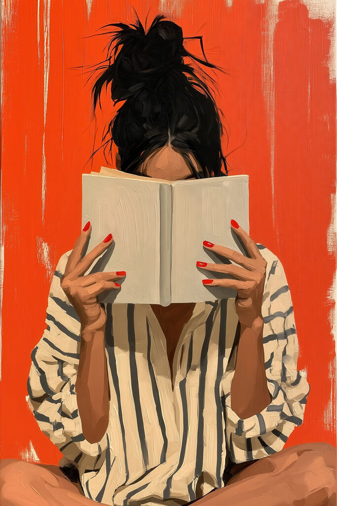 Woman holding a book over her face Woman holding a book over her face