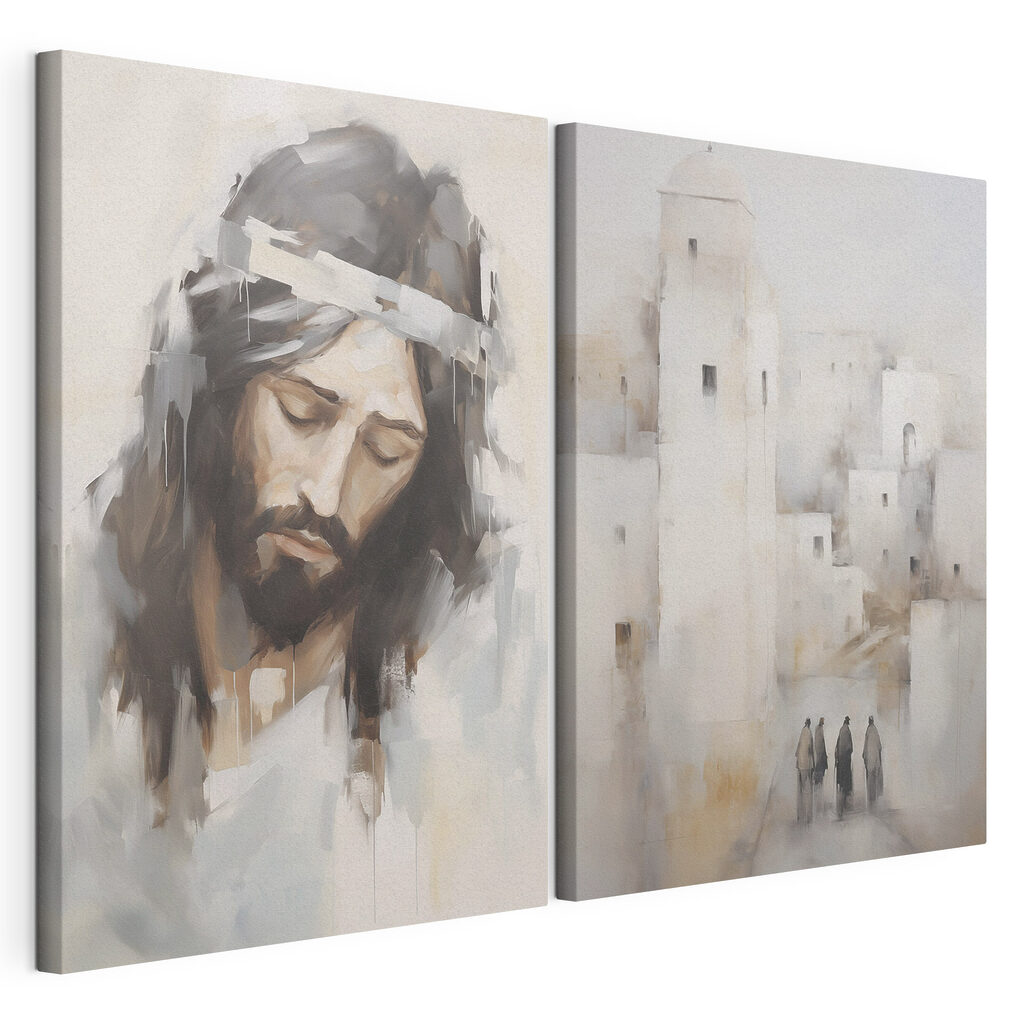 Painting of a man with a crown of hair and a city Painting of a man with a crown of hair and a city