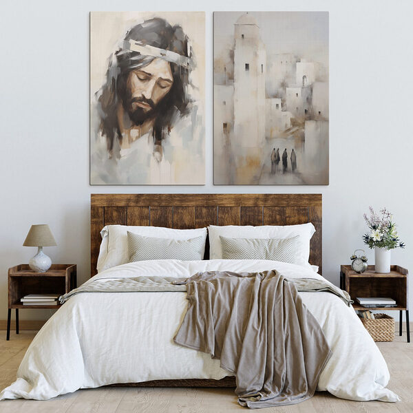 Painting of a man with a crown of hair and a city Painting of a man with a crown of hair and a city