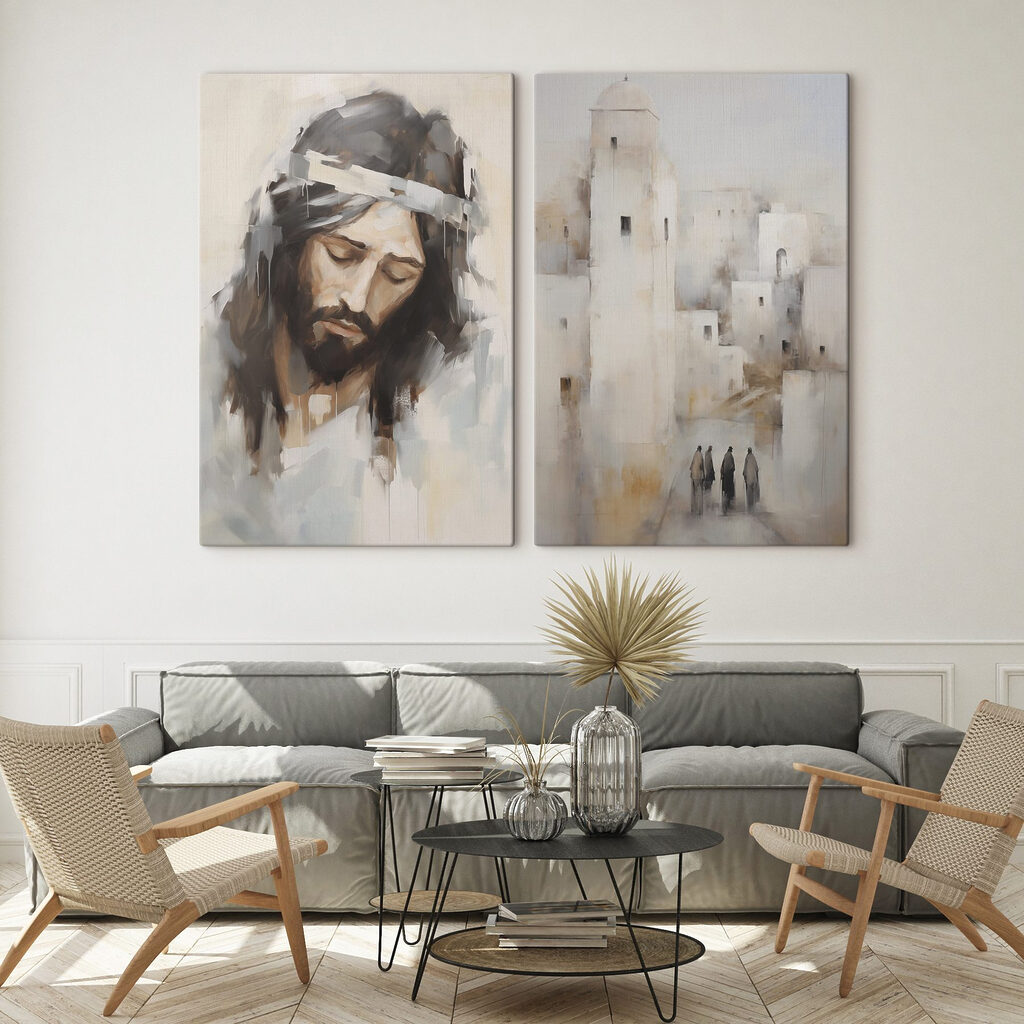Painting of a man with a crown of hair and a city Painting of a man with a crown of hair and a city