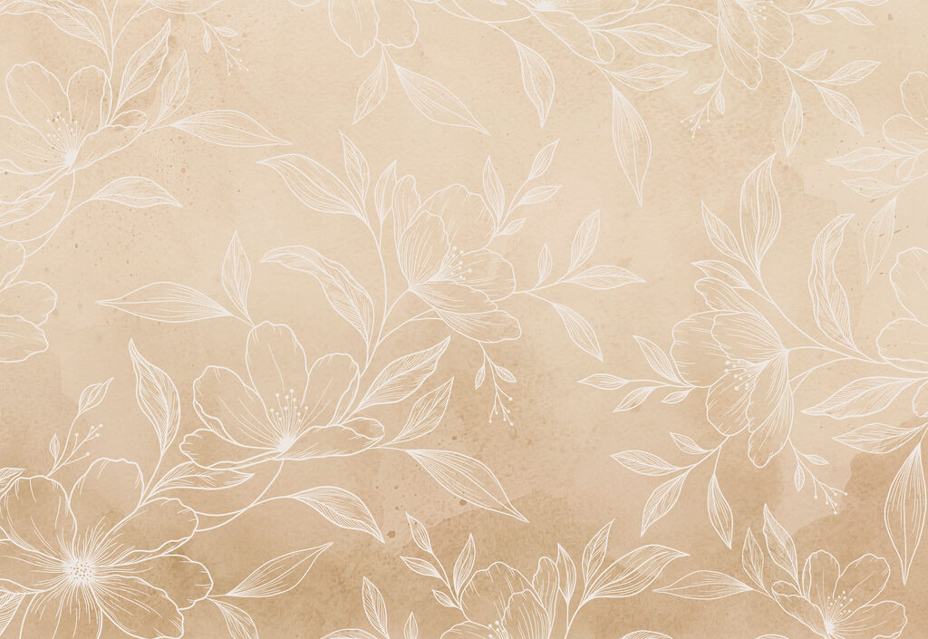 White flowers and leaves on a beige background White flowers and leaves on a beige background