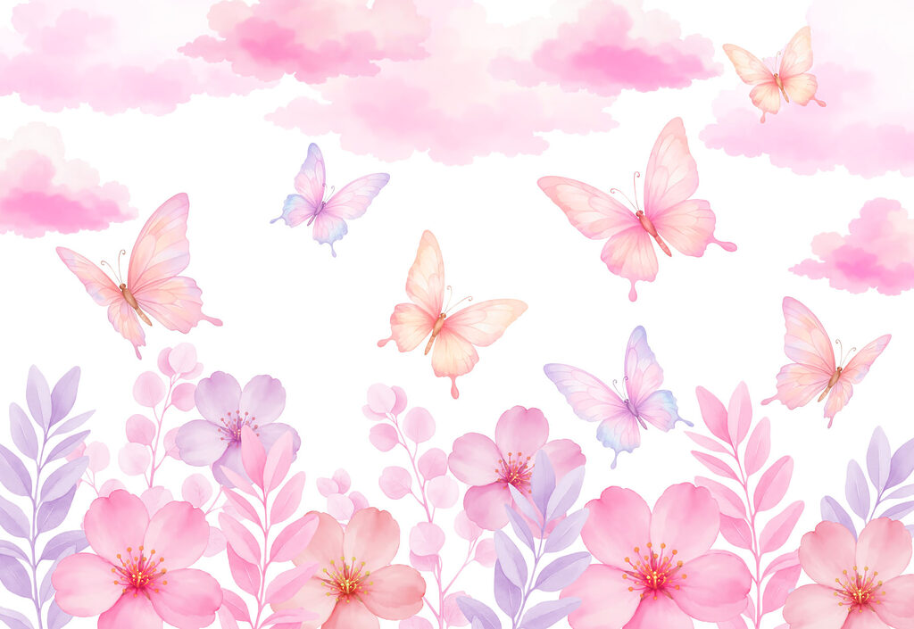 Pink and purple flowers and butterflies