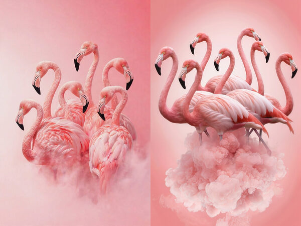 Group of flamingos in the clouds