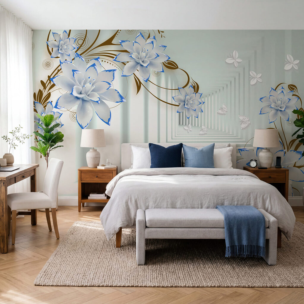 Fiori bianchi e blu su sfondo bianco Fiori bianchi e blu su sfondo bianco