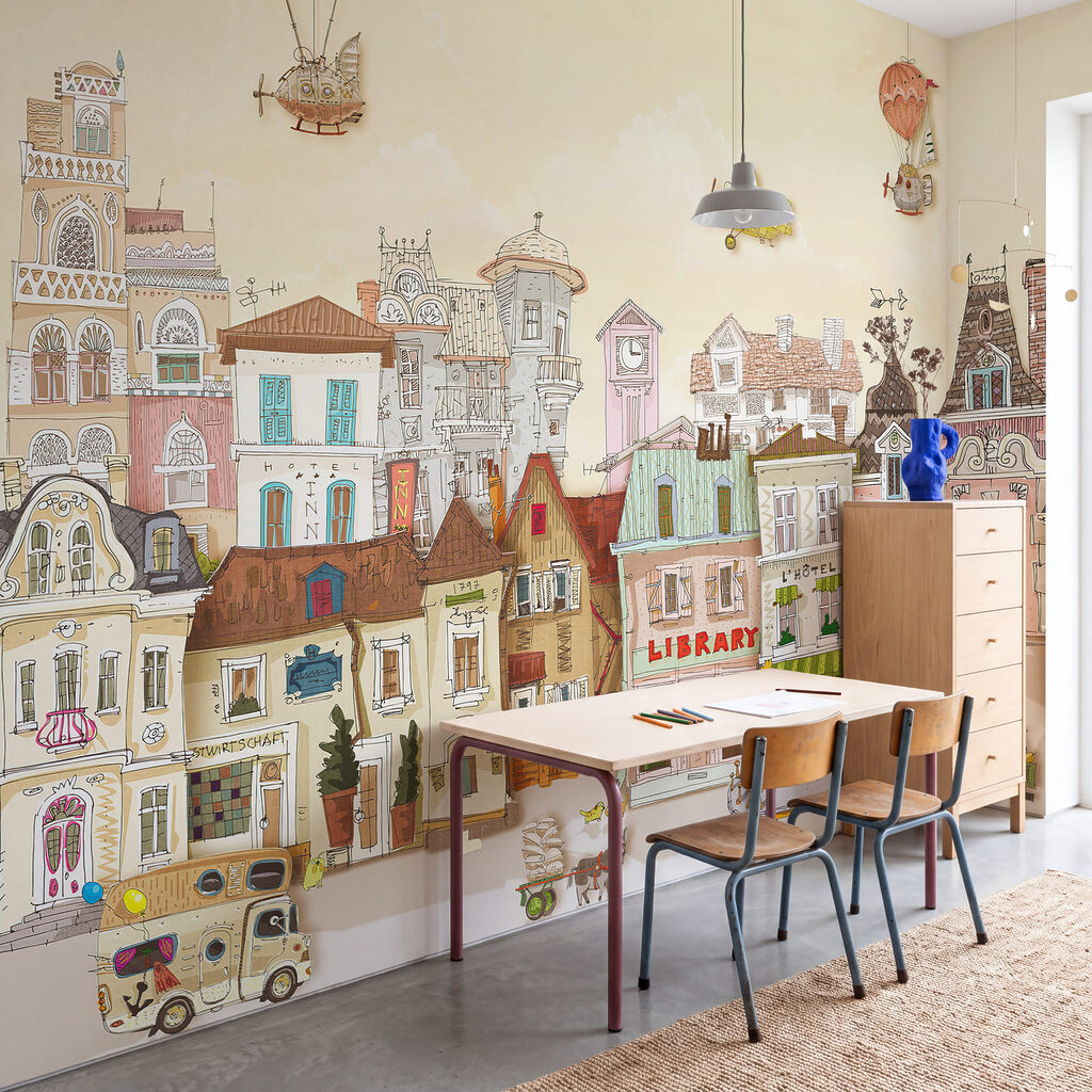 Città dei cartoni animati con edifici e automobili Città dei cartoni animati con edifici e automobili